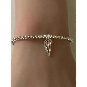 925 Sterling Silver Beaded Stretch Stacking Bracelet Wing Charm Minimalist S7"